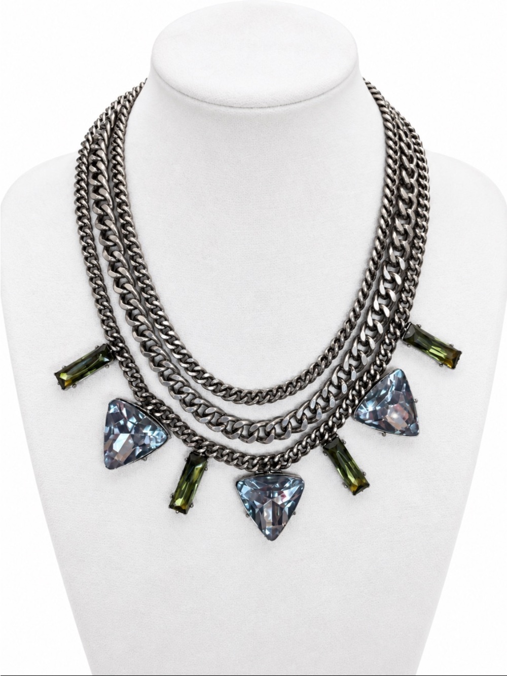 Gunmetal Layered Chain Statement Necklace with Blue & Green Faceted Stones